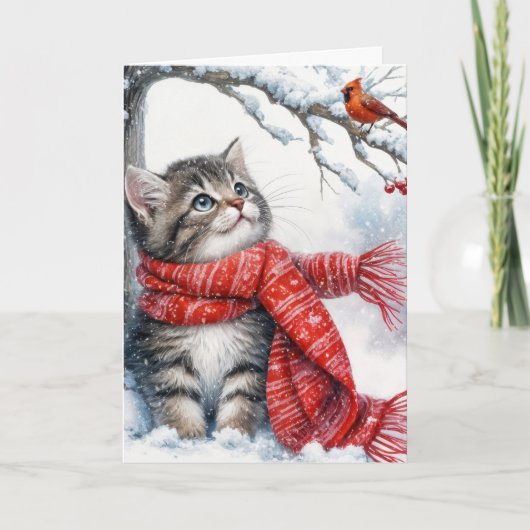 Weihnachts-Kitty sieht einen Kardinal Karte (Vorderseite)
