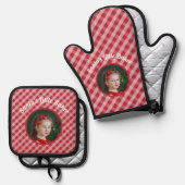 Weihnachts-Kleine-Bäcker-Kids-Gingham-Weihnachtsfe Ofenhandschuh & Topflappen-Set (Vorderseite/Rückseite)