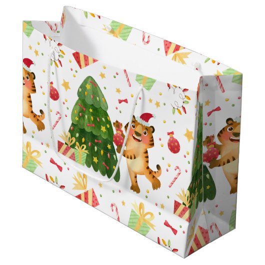 Weihnachts Kleiner Tiger in Weihnachten Baumgesche Große Geschenktüte (Vorderseite Schrägansicht)