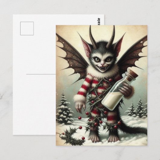 Weihnachts Krampus Kitty mit Milchflasche Postkarte (Vorne/Hinten)