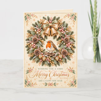 Weihnachts-Kränzchen Rotkehlchen Rosa Gold Schlauc Feiertagskarte