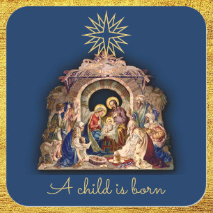 Weihnachts-Krippe Religious Folge The Star Blue Quadratischer Aufkleber