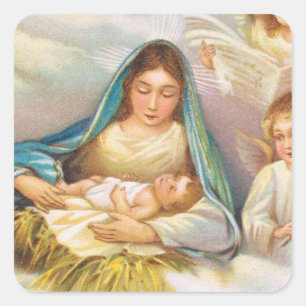Weihnachts-Krippen Vintage-Design mit Baby Jesus Quadratischer Aufkleber