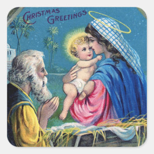 Weihnachts-Krippen-Vintage-Design von Baby Jesus Quadratischer Aufkleber