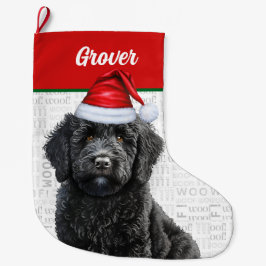 Weihnachts-Labradoodle mit Name Woof Hintergrund Großer Weihnachtsstrumpf
