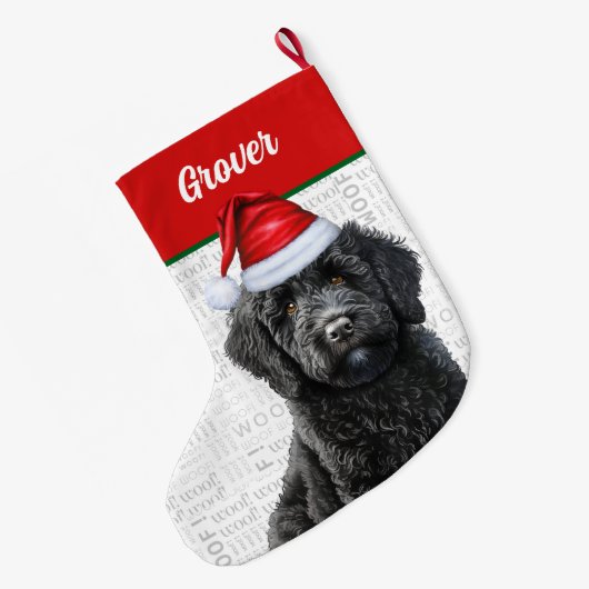 Weihnachts-Labradoodle mit Name Woof Hintergrund Großer Weihnachtsstrumpf (Rückseite (Hängend))
