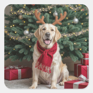 Weihnachts-Labrador Retriever mit Antlern Quadratischer Aufkleber