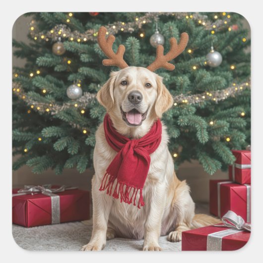 Weihnachts-Labrador Retriever mit Antlern Quadratischer Aufkleber (Vorderseite)