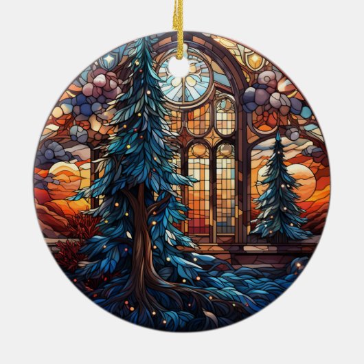 Weihnachts Landschaft Buntglas Stil Keramik Ornament (Hinten)