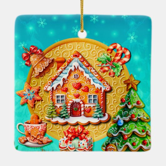 Weihnachts-Lebkuchen Candy House und Neujahr Ce Keramikornament (Rückseite)