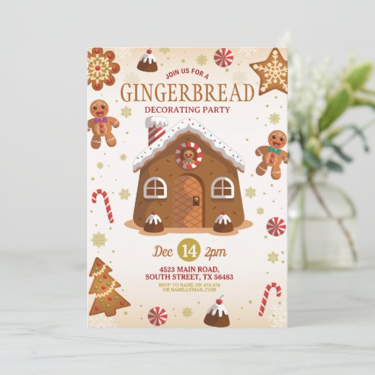 Weihnachts-Lebkuchen-Haus Dekorieren Party Einladung (Stehend Vorderseite)