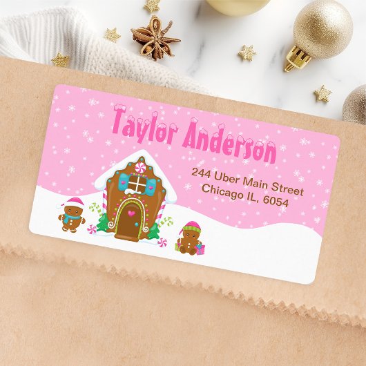 Weihnachts-Lebkuchen-Haus Hellrosa Adressaufkleber