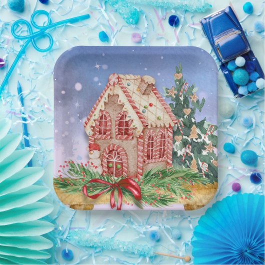 Weihnachts-Lebkuchen-Haus Wasserfarbe Pappteller (Party)