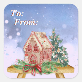 Weihnachts-Lebkuchen-Haus Wasserfarbe Von und nach Quadratischer Aufkleber