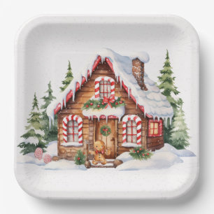 Weihnachts-Lebkuchenhaus im Schnee Pappteller