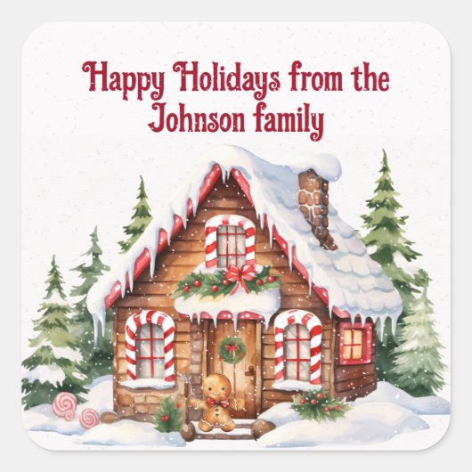 Weihnachts-Lebkuchenhaus im Schnee Quadratischer Aufkleber (Vorderseite)