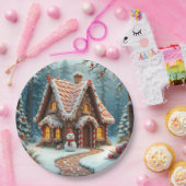 Weihnachts-Lebkuchenhäuschen mit einem Schneemann  Pappteller (Party)