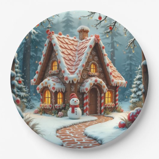 Weihnachts-Lebkuchenhäuschen mit einem Schneemann  Pappteller (Vorderseite)
