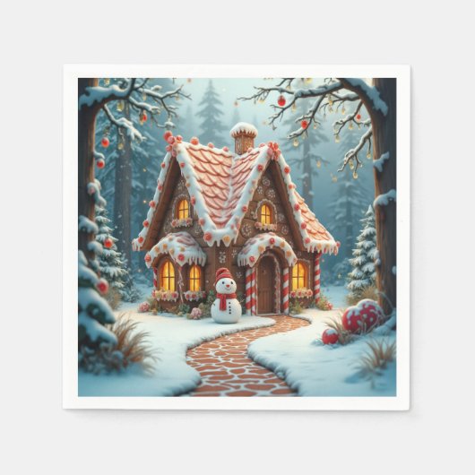 Weihnachts-Lebkuchenhäuschen mit Schneemann Serviette (Vorderseite)
