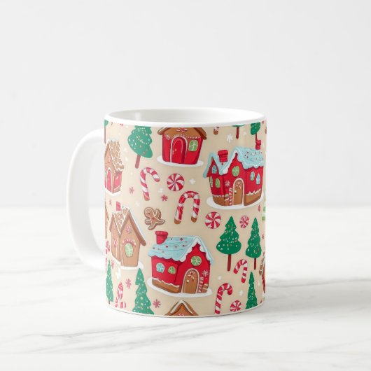 Weihnachts-Lebkuchenhäuser Baummuster Kaffeetasse (Vorderseite Links)