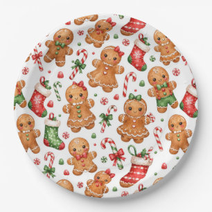 Weihnachts-Lebkuchenjunge und -mädchen mit Strümpf Pappteller