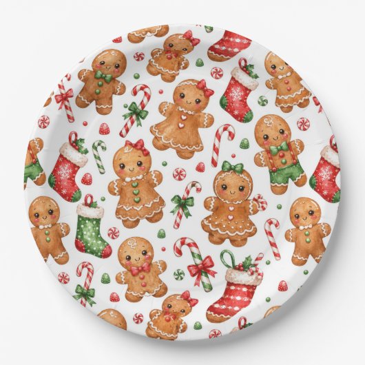 Weihnachts-Lebkuchenjunge und -mädchen mit Strümpf Pappteller (Vorderseite)