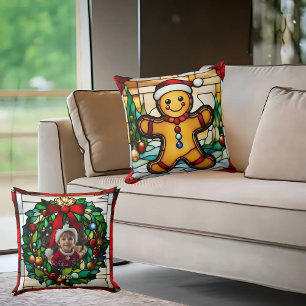 Weihnachts-Lebkuchenmann Faux-Buntglas Kissen