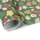 Weihnachts-Lebkuchenmuster auf dunkelgrün Geschenkpapier (Rolleneckpunkt)