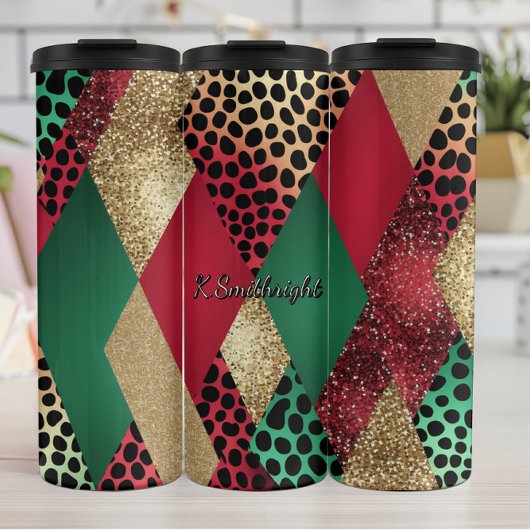 Weihnachts-Leoparden-Glitter-Patchwork-Design Thermosbecher