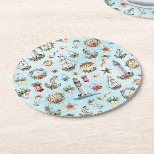 Weihnachts-Leuchtturm Beach Coastal Thema Runder Pappuntersetzer (Angewinkelt)