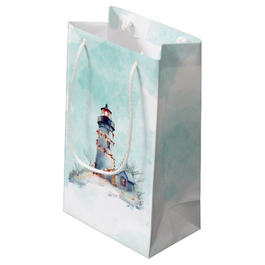 Weihnachts-Leuchtturm Küstenurlaub Kleine Geschenktüte (Rückseite Schrägansicht)