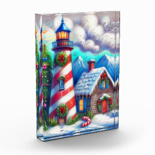 Weihnachts-Leuchtturm Nautical Coastal Mountain Fotoblock