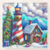 Weihnachts-Leuchtturm Nautical Coastal Mountain Glasuntersetzer (Vorderseite)