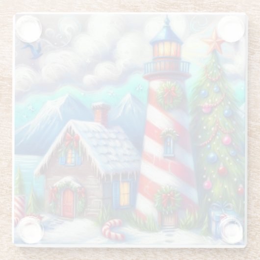 Weihnachts-Leuchtturm Nautical Coastal Mountain Glasuntersetzer (Rückseite)