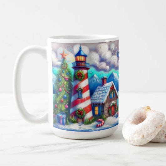 Weihnachts-Leuchtturm Nautical Coastal Mountain Kaffeetasse (Mit Donut)