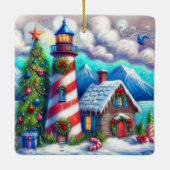 Weihnachts-Leuchtturm Nautical Coastal Mountain Keramikornament (Rückseite)