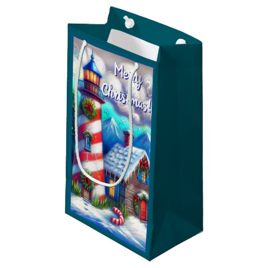 Weihnachts-Leuchtturm Nautical Coastal Mountain Kleine Geschenktüte (Vorderseite Schrägansicht)