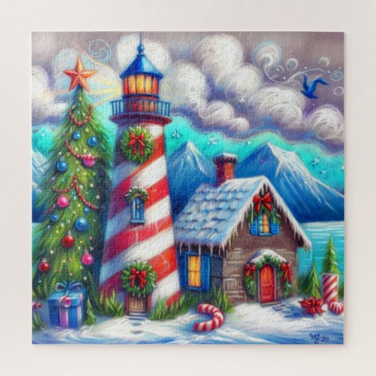 Weihnachts-Leuchtturm Nautical Coastal Mountain Puzzle (Vertikal)