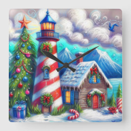 Weihnachts-Leuchtturm Nautical Coastal Mountain Quadratische Wanduhr