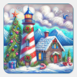 Weihnachts-Leuchtturm Nautical Coastal Mountain Quadratischer Aufkleber