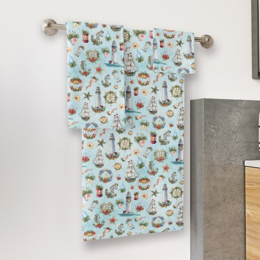 Weihnachts-Leuchtturmschiff an der Küste Badhandtuch Set