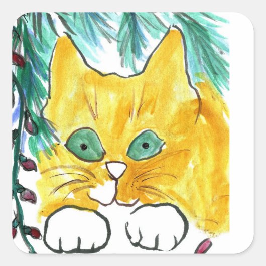 Weihnachts-Light-String und die Katze Quadratischer Aufkleber (Vorderseite)