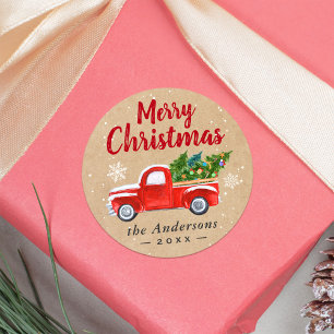 Weihnachts-LKW-Bäume-Schneeflocken Frohe Weihnacht Runder Aufkleber