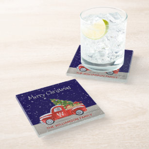 Weihnachts-LKW mit Schnee bei Nacht monogrammiert Glasuntersetzer