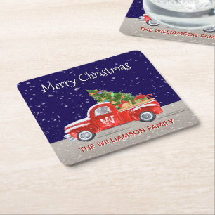 Weihnachts-LKW mit Schnee bei Nacht monogrammiert Rechteckiger Pappuntersetzer