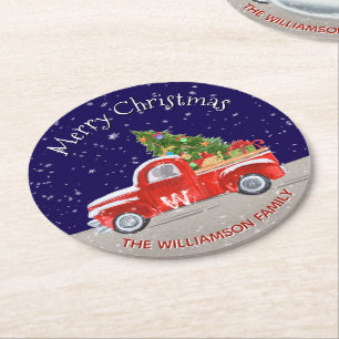 Weihnachts-LKW mit Schnee bei Nacht monogrammiert Runder Pappuntersetzer