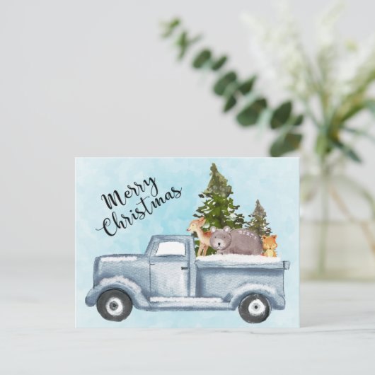 Weihnachts-LKWs, die Bäume und Tiere befördern Url Postkarte (Stehend Vorderseite)