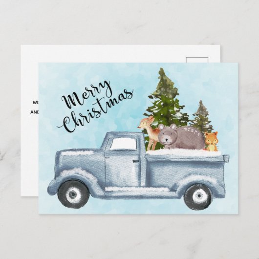 Weihnachts-LKWs, die Bäume und Tiere befördern Url Postkarte (Vorne/Hinten)