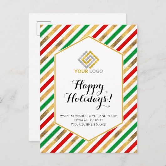 Weihnachts-Logo Red Gold Green Strips Business Postkarte (Vorne/Hinten)