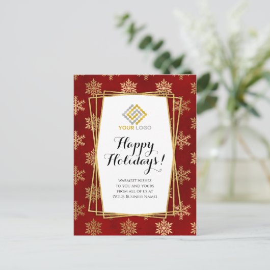 Weihnachts-Logo Red Gold Snowflakes Business Postkarte (Stehend Vorderseite)